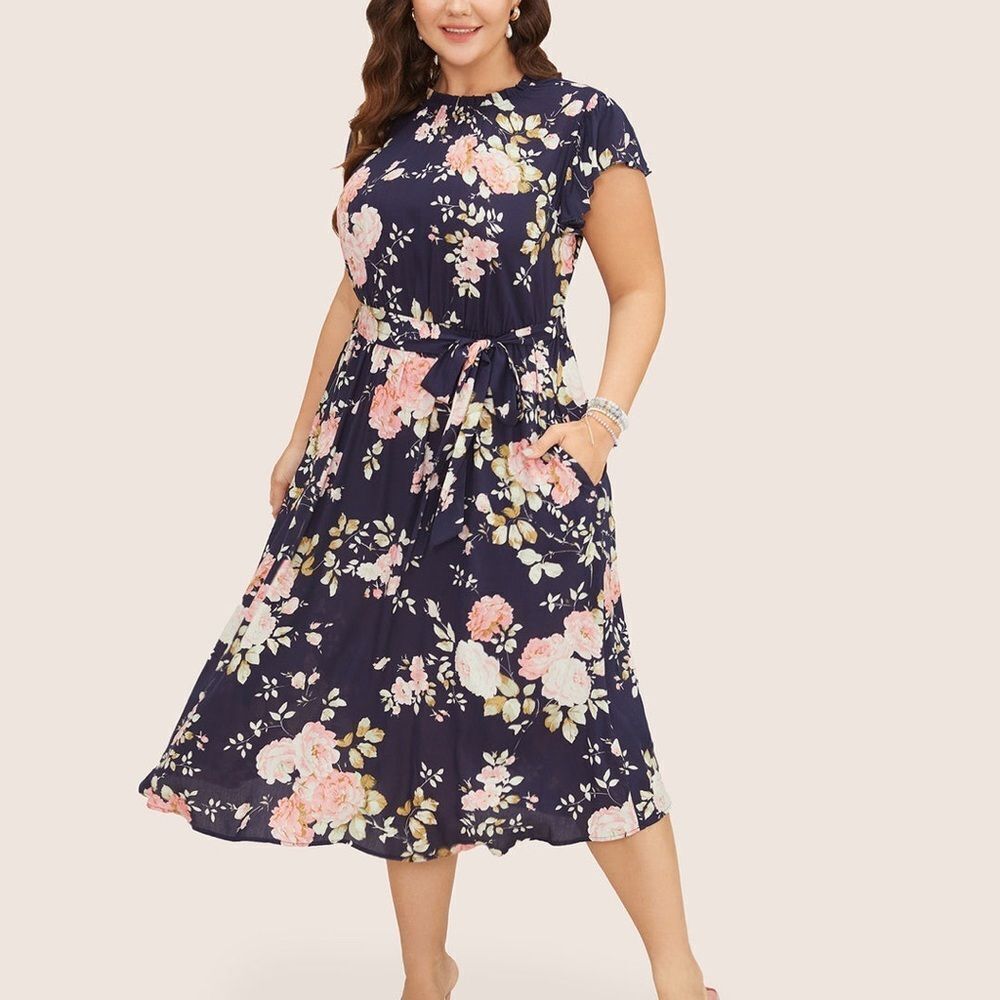 New Bloomchic Floral Frill Trim Mock Neck Pocket Ruffle Belted Cap Sleeve Dress